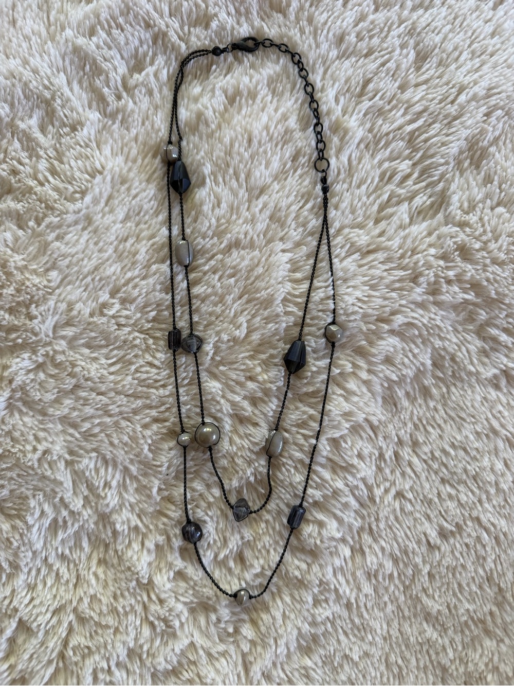 Layered Gunmetal Gray Beaded Faux Pearl Long Necklace